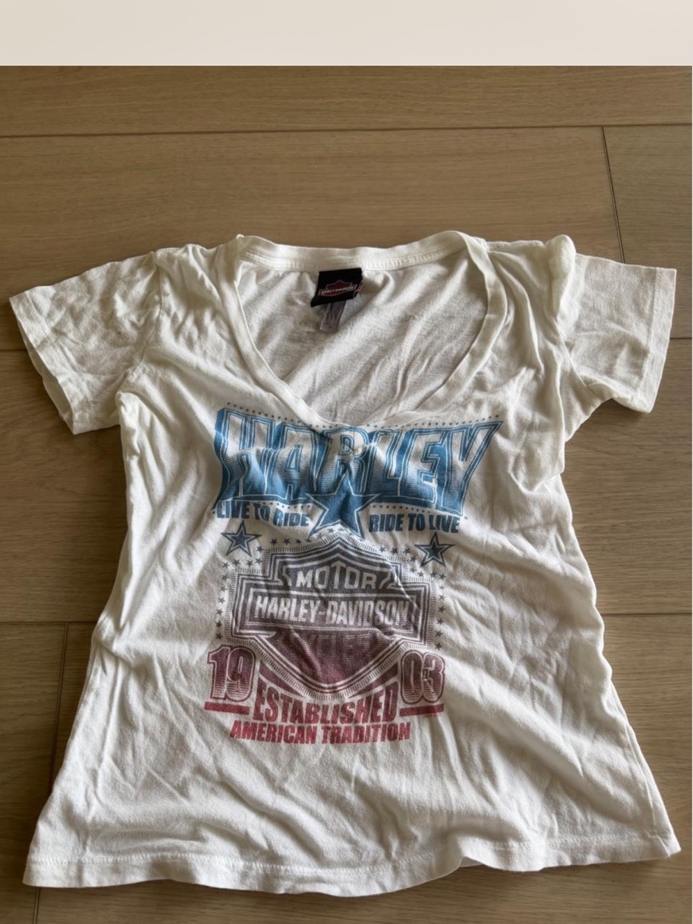 Harley-Davidson White V-Neck Tee with Blue and Red Graphic